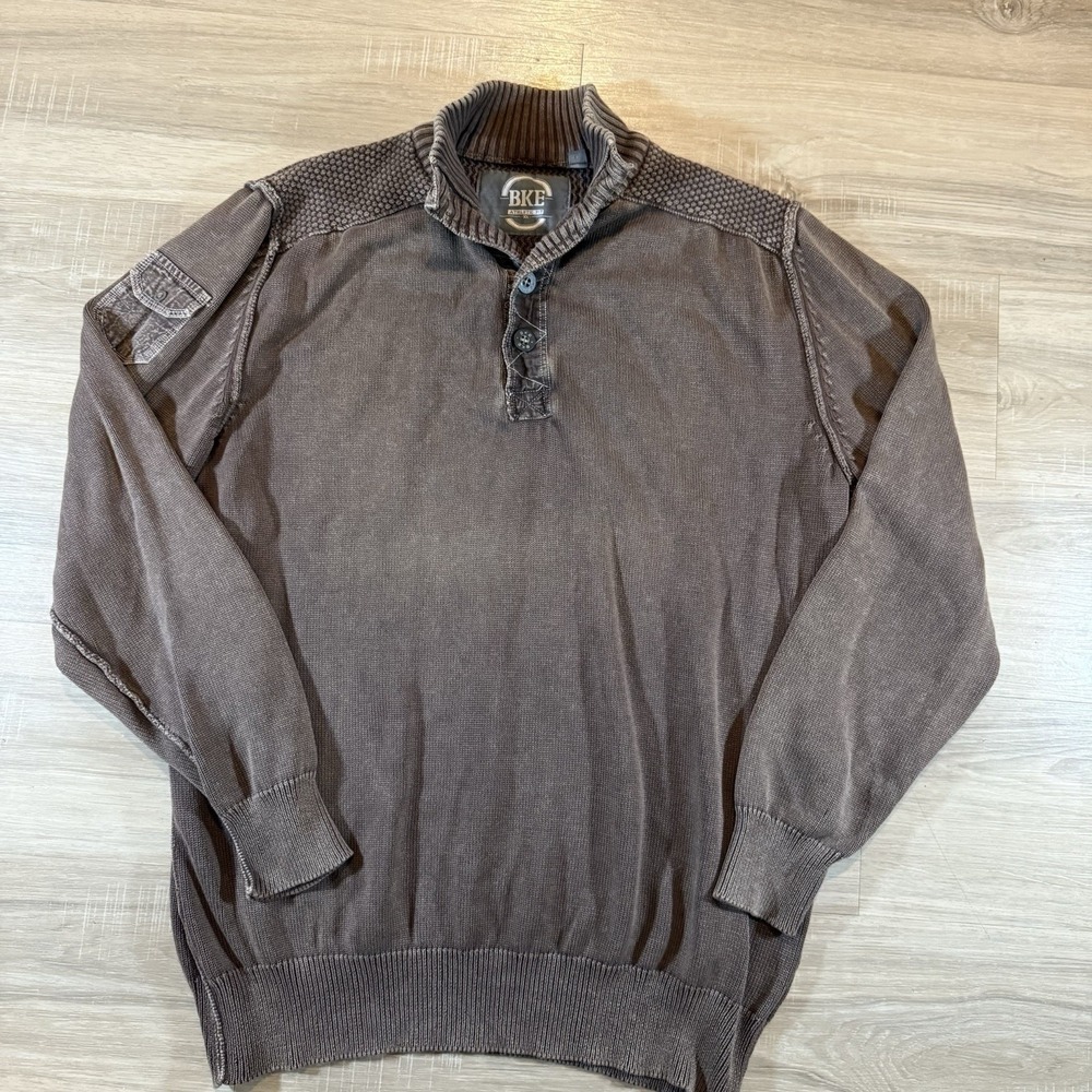 Y2K  BKE Sweater Mens XL  Brown‎ Knit Sweater Mock Neck Henley Long Sleeve